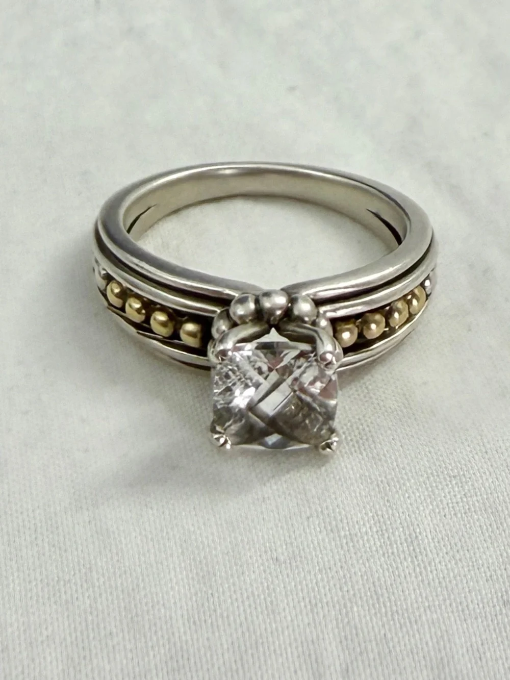 LAGOS Caviar Sterling Silver 18K Yellow Gold White Topaz Spinel Dot Band Ring; 7